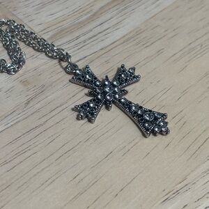 Silver ~ black Rhinestone Cross Pendant Necklace - Y2K